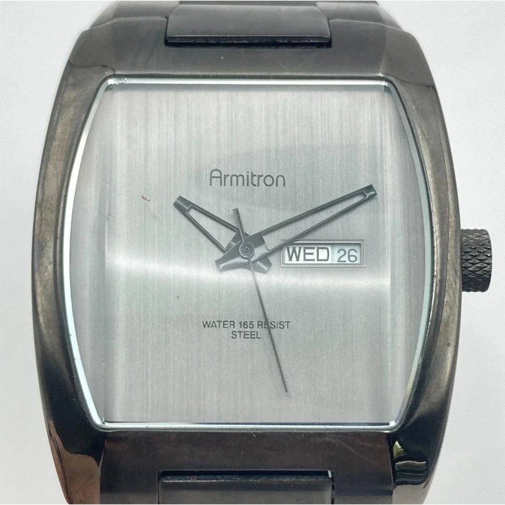 Armitron Mens Watch 39mm Gunmetal Grey Day Date Minimal 50M New Battery 7.75